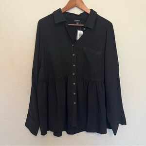 NWT Torrid Black Peplum Crinkle Flannel Gauze Button Up Blouse Women's 1X 14-16